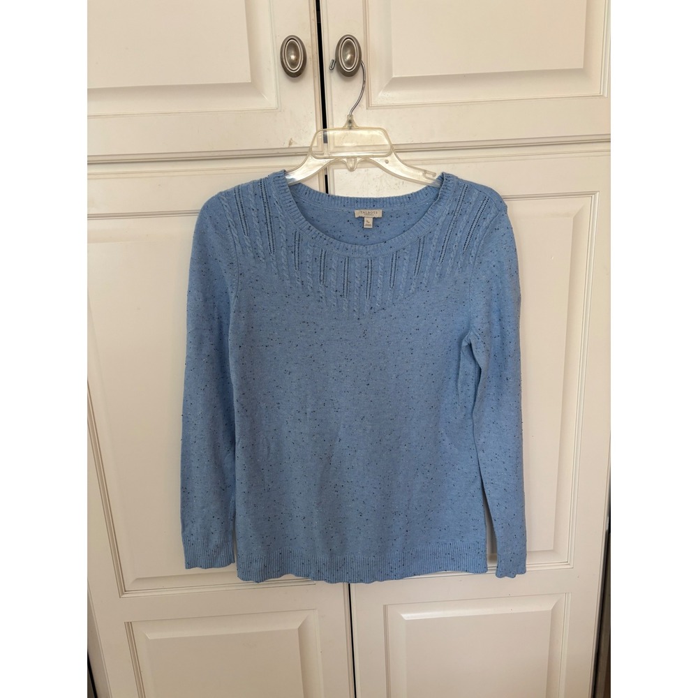 Talbots Petite Blue Donegal Cable Knit Pointelle Crew Neck Sweater SP Womens